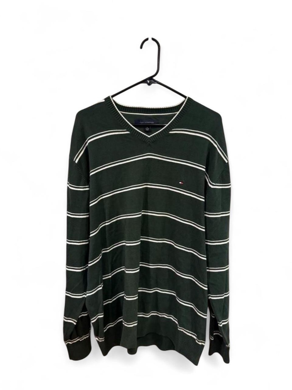 Tommy Hilfiger Dark Green V-Neck Sweater with White Stripes